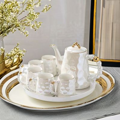 Стильная розовая жемчужная керамическая кофейная кружка с тарелкой и бамбуковой чашечкой вместимостью 1300 мл