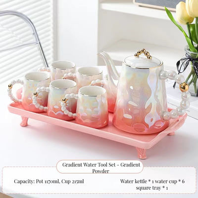 Стильная розовая жемчужная керамическая кофейная кружка с тарелкой и бамбуковой чашечкой вместимостью 1300 мл