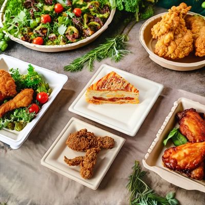 Естественный цвет Одноразовые сахарные тростники Багасс бумажные тарелки для пищи со всеми аксессуарами