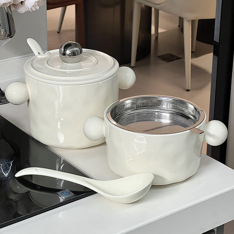 Требования к печати Дизайн двойного уха Белая сердечная керамическая тарелка с крышкой из нержавеющей стали